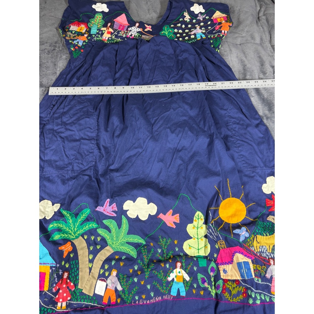 Handmade Colombia Navy Cotton Folk Art Embroidered Applique Maxi Dress Large - Picture 2 of 8